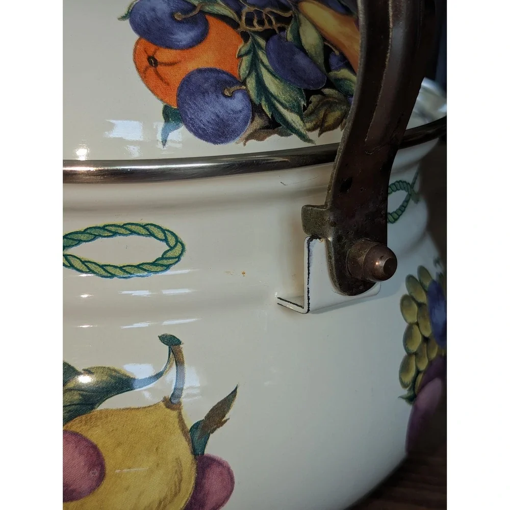 Vintage Lincoln Ware Style Enamel Tea Kettle Fruit Pattern Farmhouse Decor